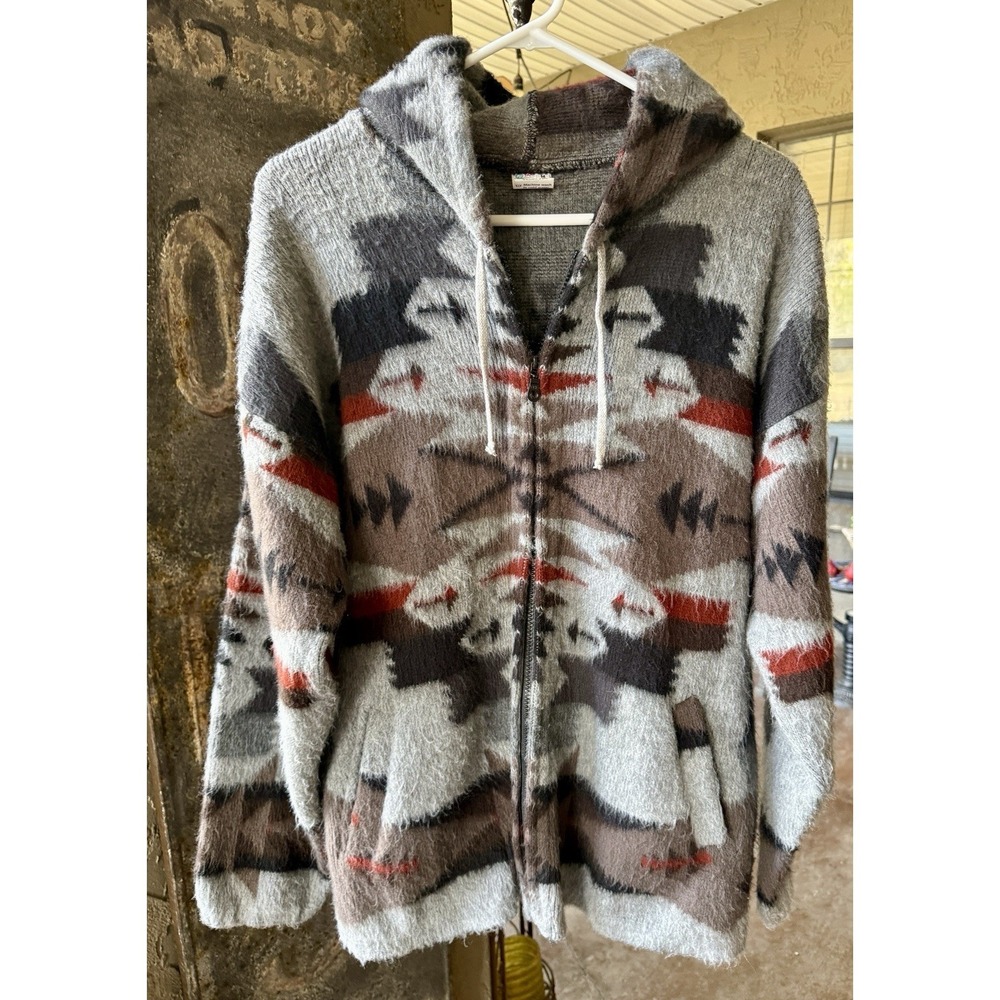Yarina Men's Vintage Alpaca & Cotton Fuzzy Full Zip Ecuador Hooded Jacket M